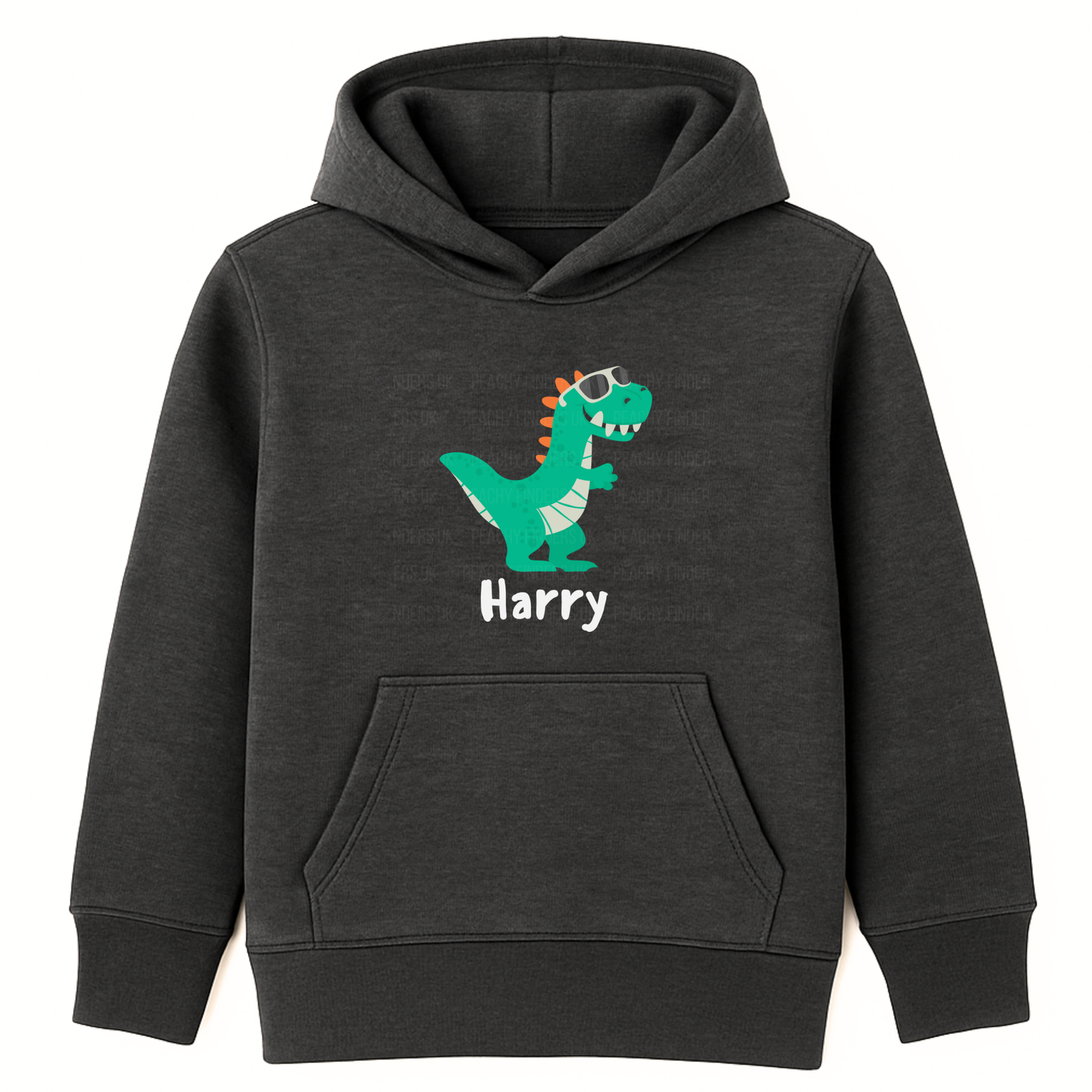 Charcoal grey kids hoodie with green dinosaur wearing sunglasses and the personalised name Harry printed underneath.