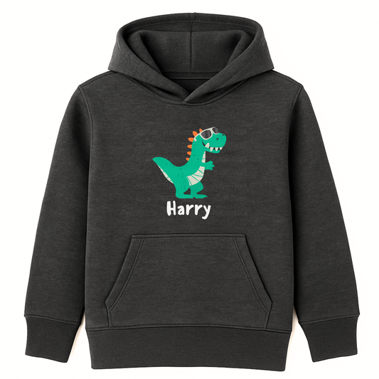 Charcoal grey kids hoodie with green dinosaur wearing sunglasses and the personalised name Harry printed underneath.