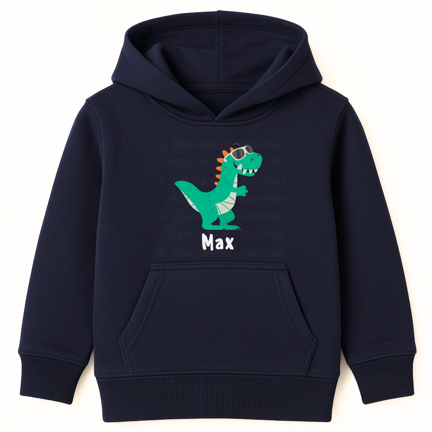 Navy kids hoodie with green dinosaur wearing sunglasses and the personalised name Max printed underneath.