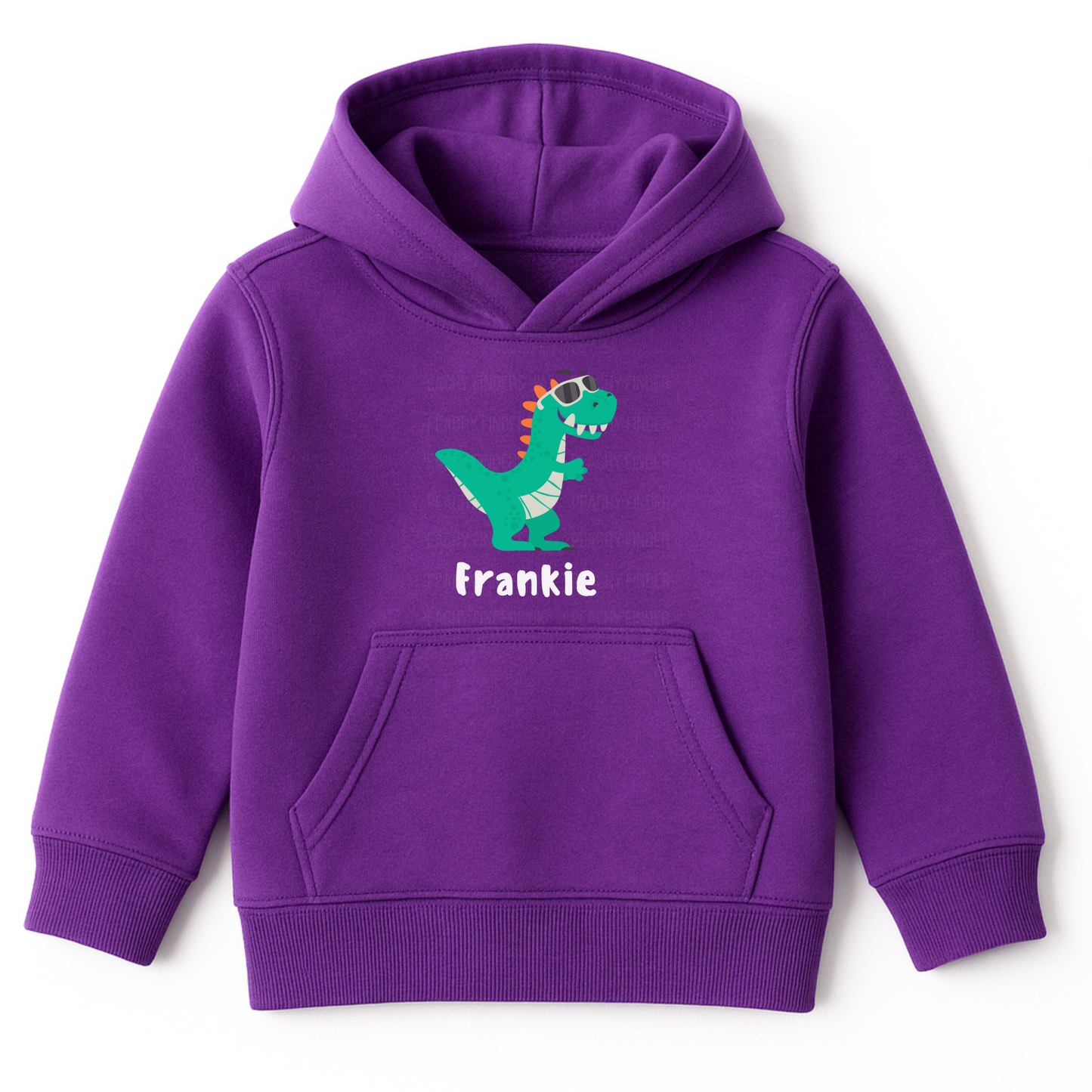 Purple kids hoodie with green dinosaur wearing sunglasses and the personalised name Frankie printed underneath.