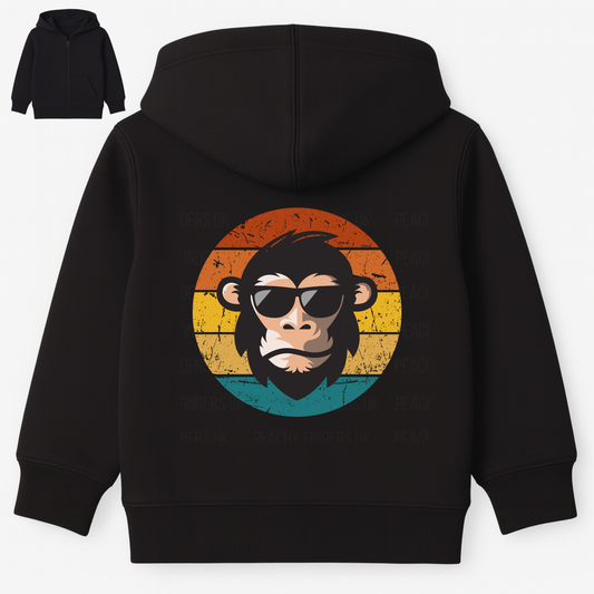 Kids black zip hoodie with retro cool primate back print design