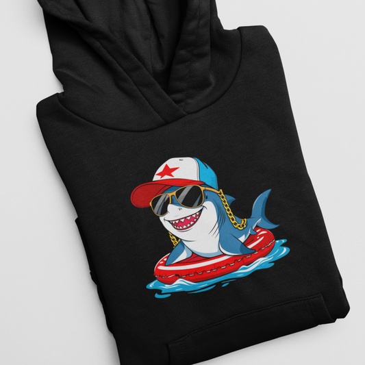 Black hoodie with a colorful shark graphic on a white background