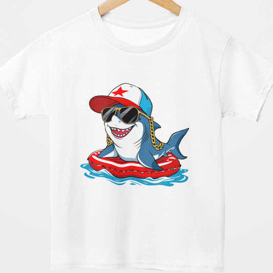 White t-shirt with a cartoon shark design on a wooden-hanger