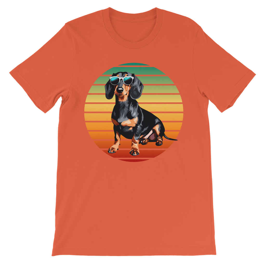 Kids orange t-shirt with cool summer dachshund wearing sunglasses on a retro sunset background