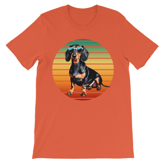 Kids orange t-shirt with cool summer dachshund wearing sunglasses on a retro sunset background