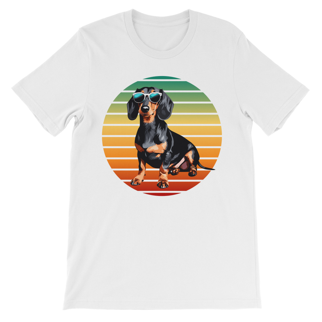 Kids white t-shirt with cool summer dachshund wearing sunglasses on a retro sunset background