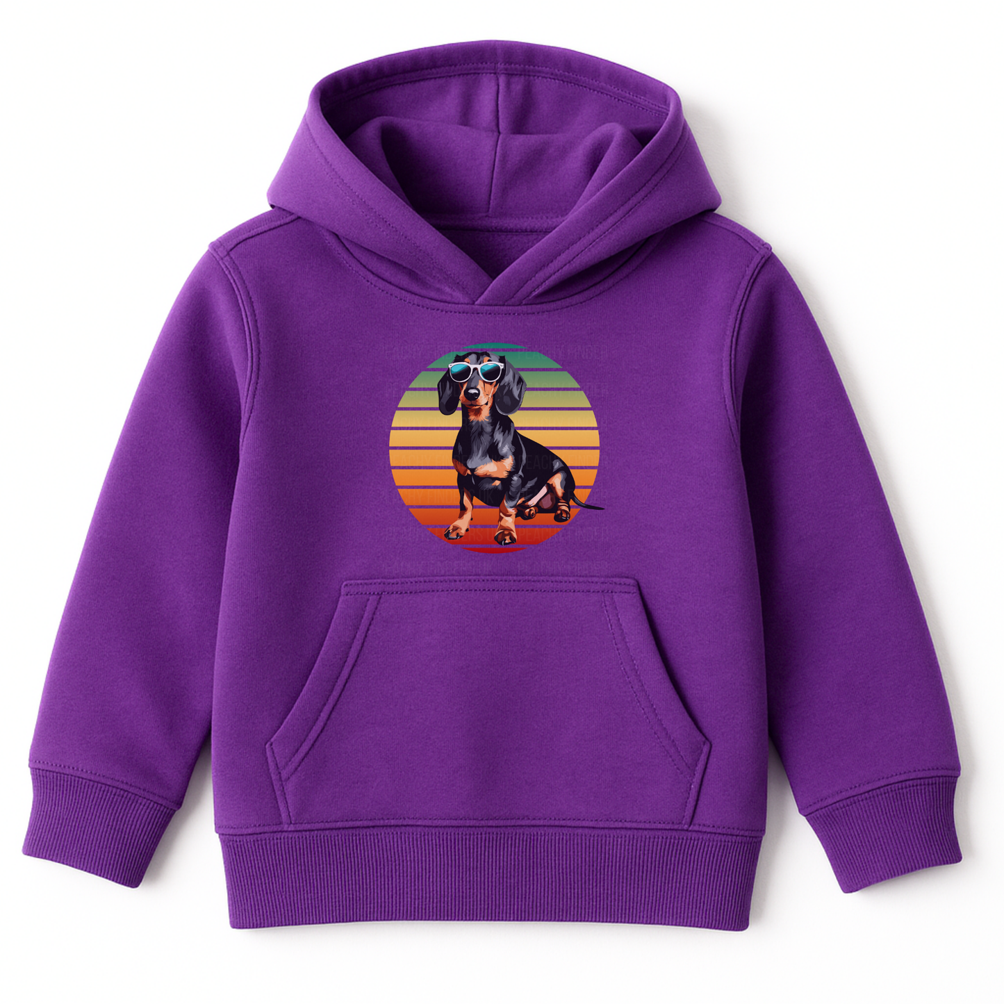 Purple kids hoodie with cool dachshund in sunglasses and retro sunset design