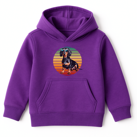 Purple kids hoodie with cool dachshund in sunglasses and retro sunset design