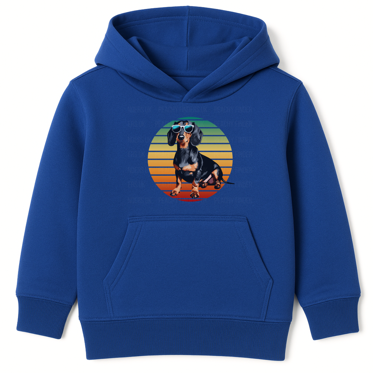 Royal blue kids hoodie with cool dachshund in sunglasses and retro sunset design