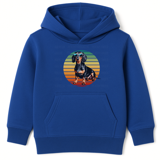 Royal blue kids hoodie with cool dachshund in sunglasses and retro sunset design
