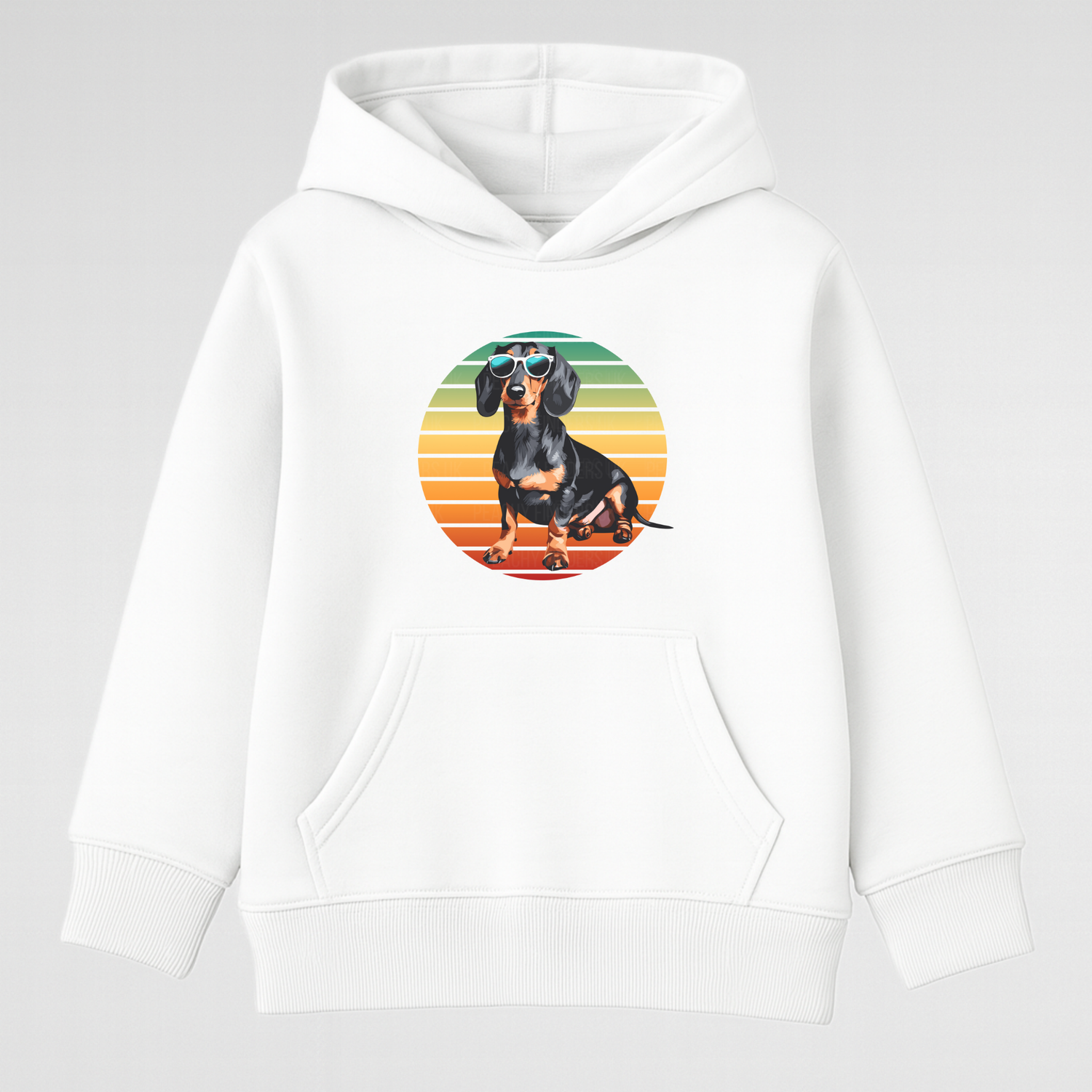 Kids hoodie in white with cool dachshund in sunglasses and retro sunset design