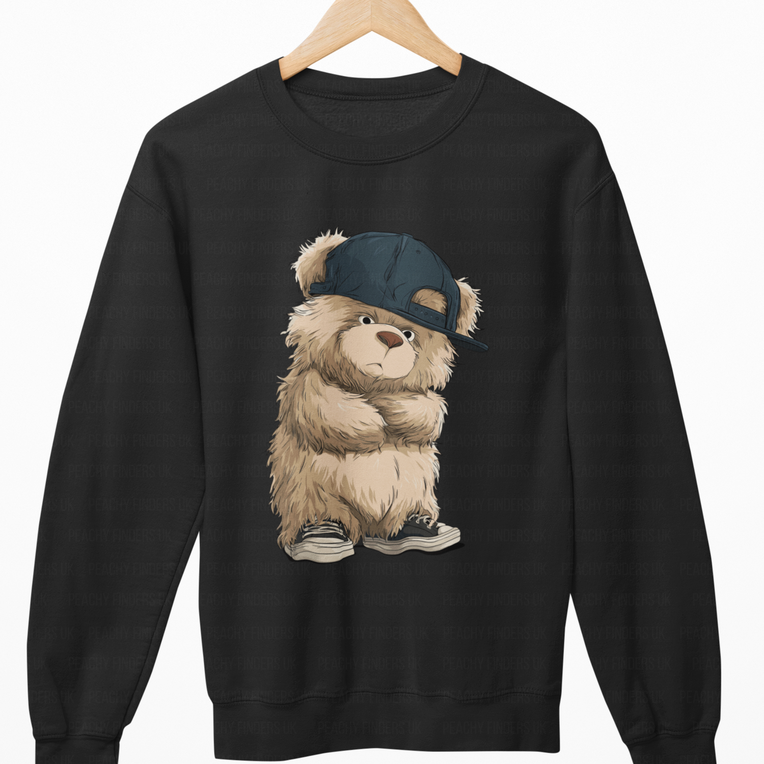 Black sweatshirt with a bear wearing a cap design on a white background