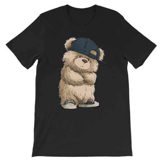 Black kids t-shirt with graphic of teddy bear in cap and sneakers