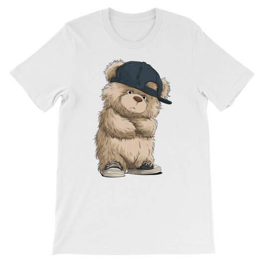 Kids white t-shirt with graphic of teddy bear in cap and sneakers
