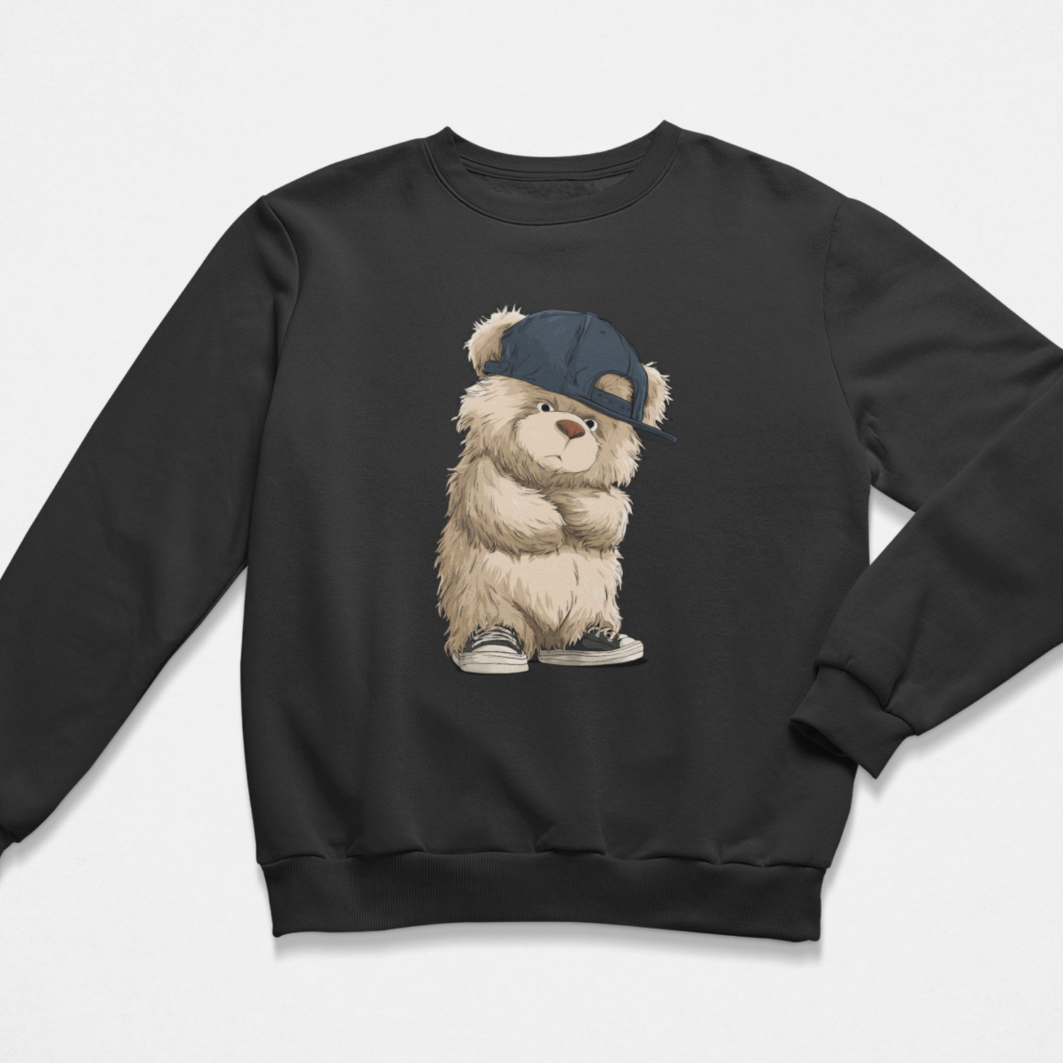 Kids black sweatshirt with a bear wearing a cap design on a white background