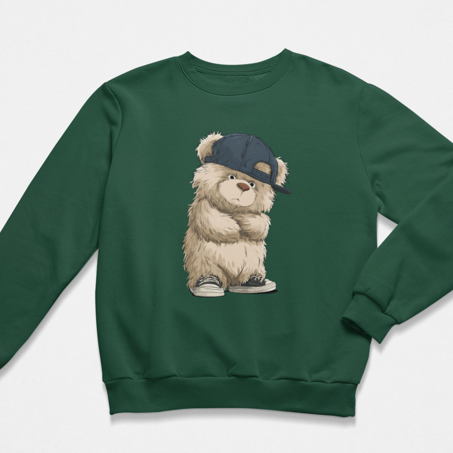 Kids green sweatshirt with a bear wearing a cap design on a white background