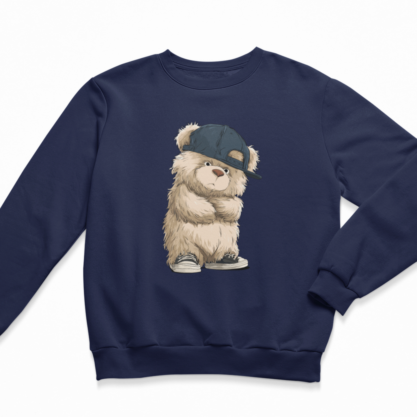 Navy blue sweatshirt with a teddy bear wearing a cap on a white background