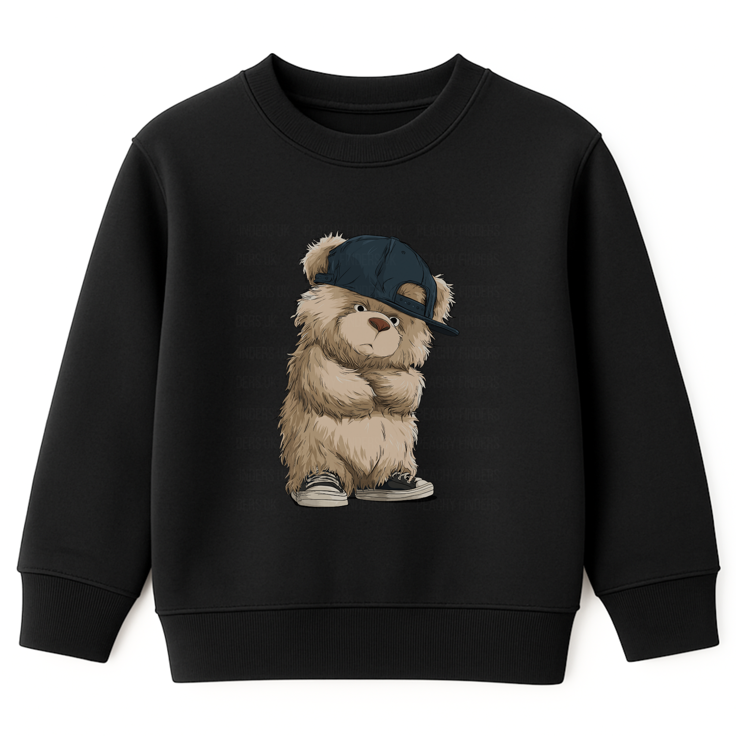 Children’s black sweatshirt featuring urban teddy bear graphic wearing a sideways cap and sneakers.