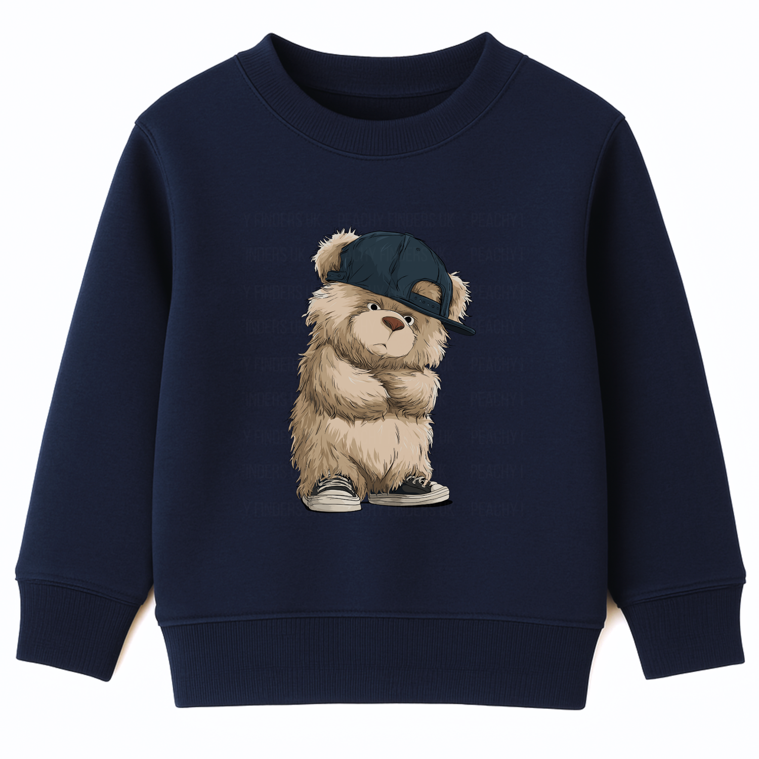 Children’s navy sweatshirt featuring urban teddy bear graphic wearing a sideways cap and sneakers.