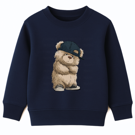 Children’s navy sweatshirt featuring urban teddy bear graphic wearing a sideways cap and sneakers.