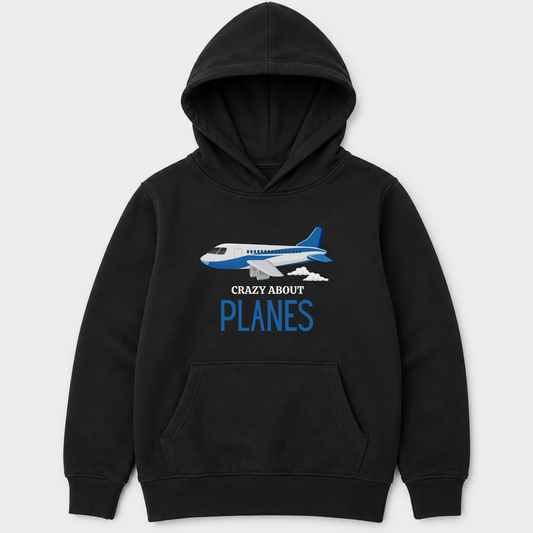 Kids Airplane Hoodie – "Crazy About Planes" Pullover Sweatshirt (Ages 3-13)