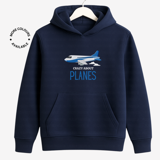 Kids navy hoodie with “Crazy About Planes” text and blue and white airplane graphic on front, displayed on hanger.