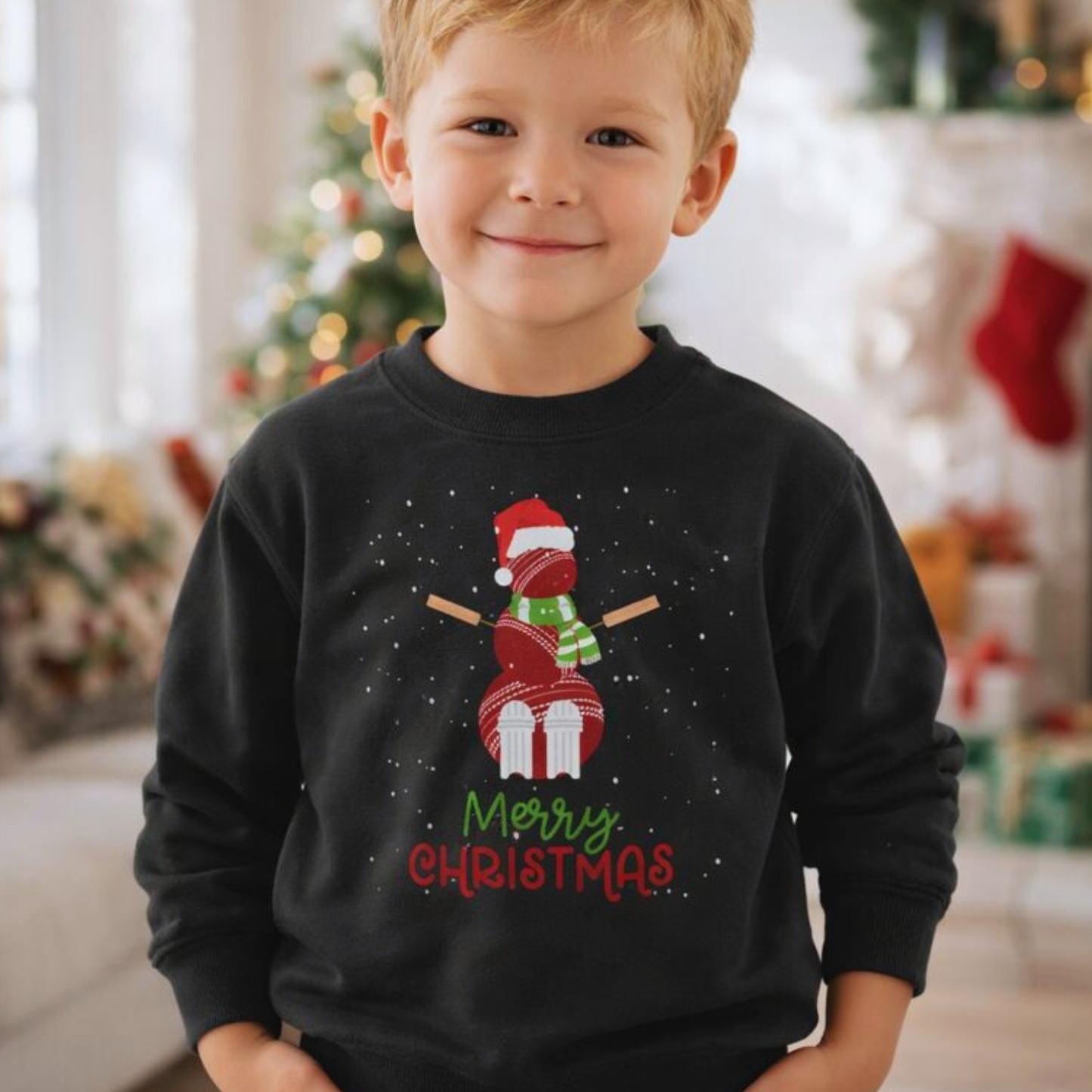 Kids Cricket Ball Snowman Christmas Sweatshirt (3-13 yrs)