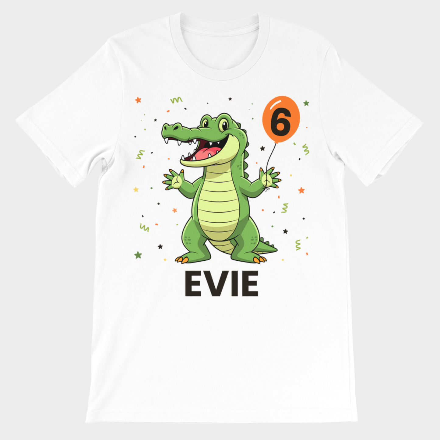 Personalised kids crocodile birthday t-shirt with name Evie and number 6 balloon design