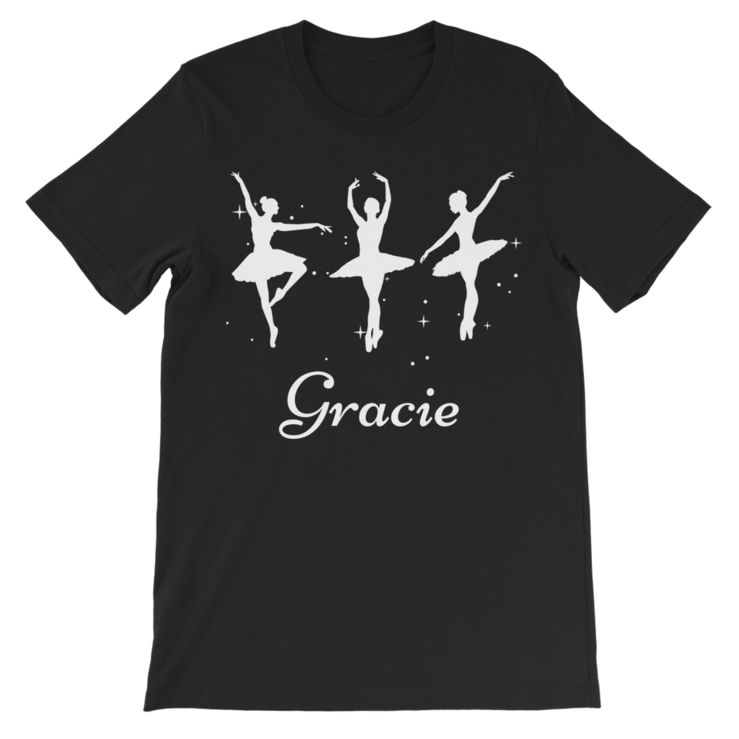 Girls black t-shirt with white ballerina silhouette graphics and custom name 'Gracie' printed underneath flat lay on a white background