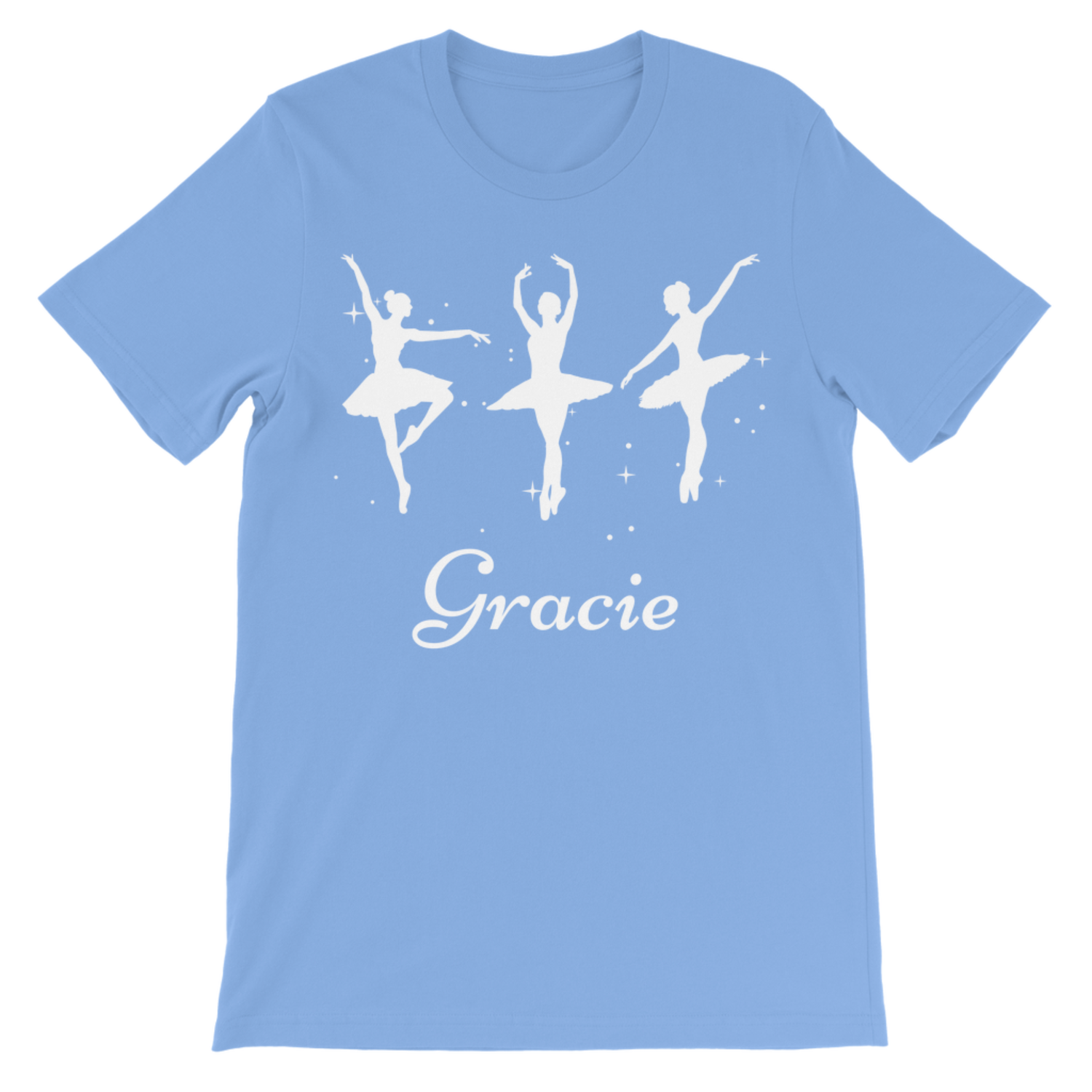 Kids light blue t-shirt with white ballerina graphics and 'Gracie' text on a white background