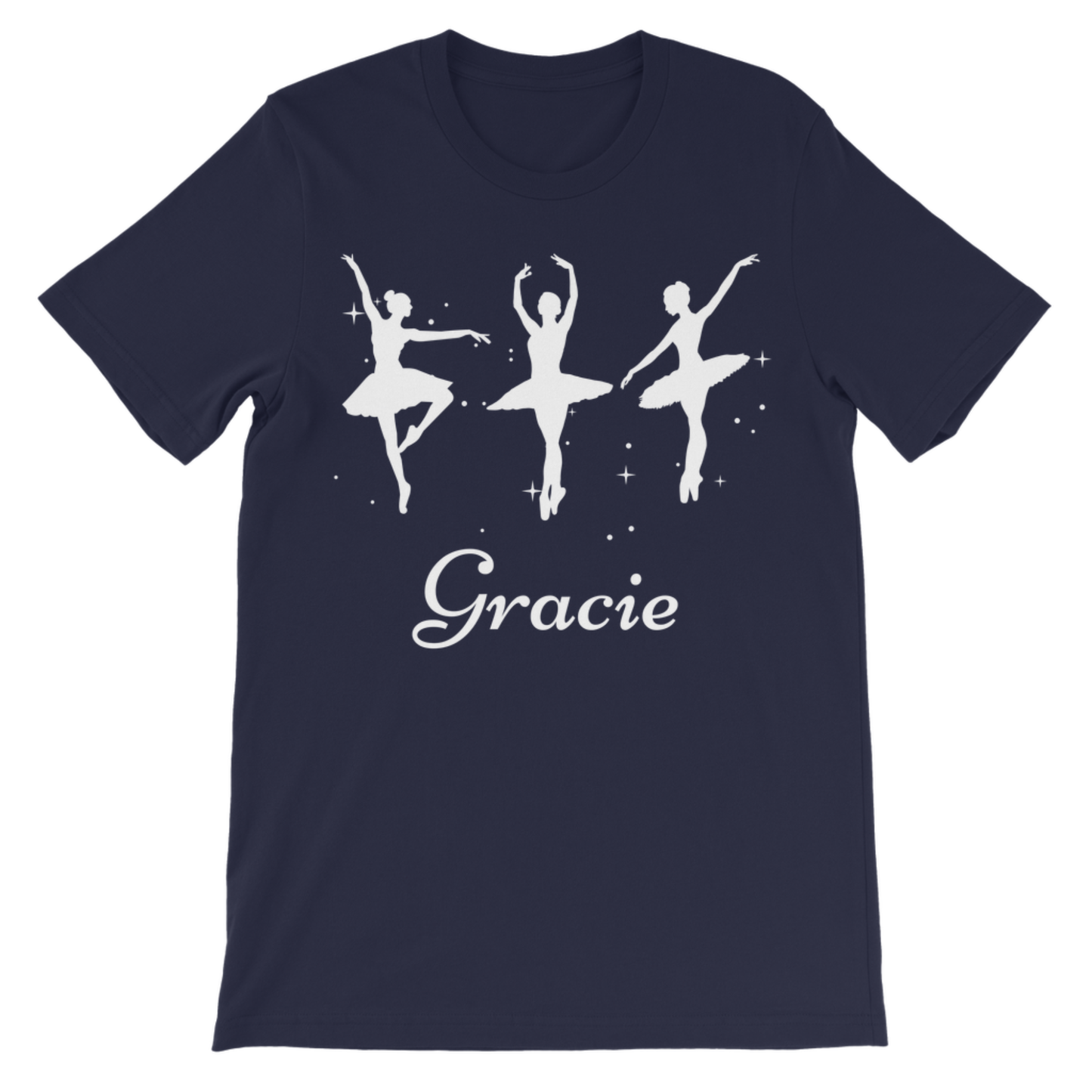 Girls navy blue t-shirt with white ballerina design and 'Gracie' text on a white background