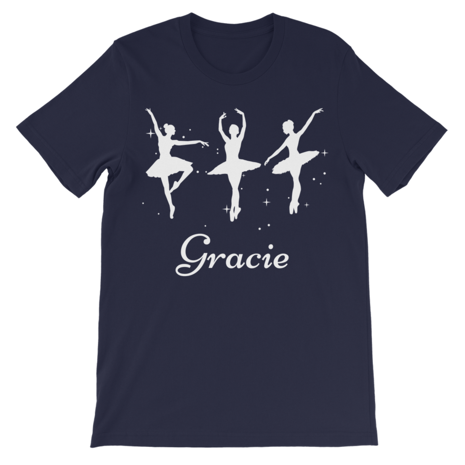 Girls navy blue t-shirt with white ballerina design and 'Gracie' text on a white background