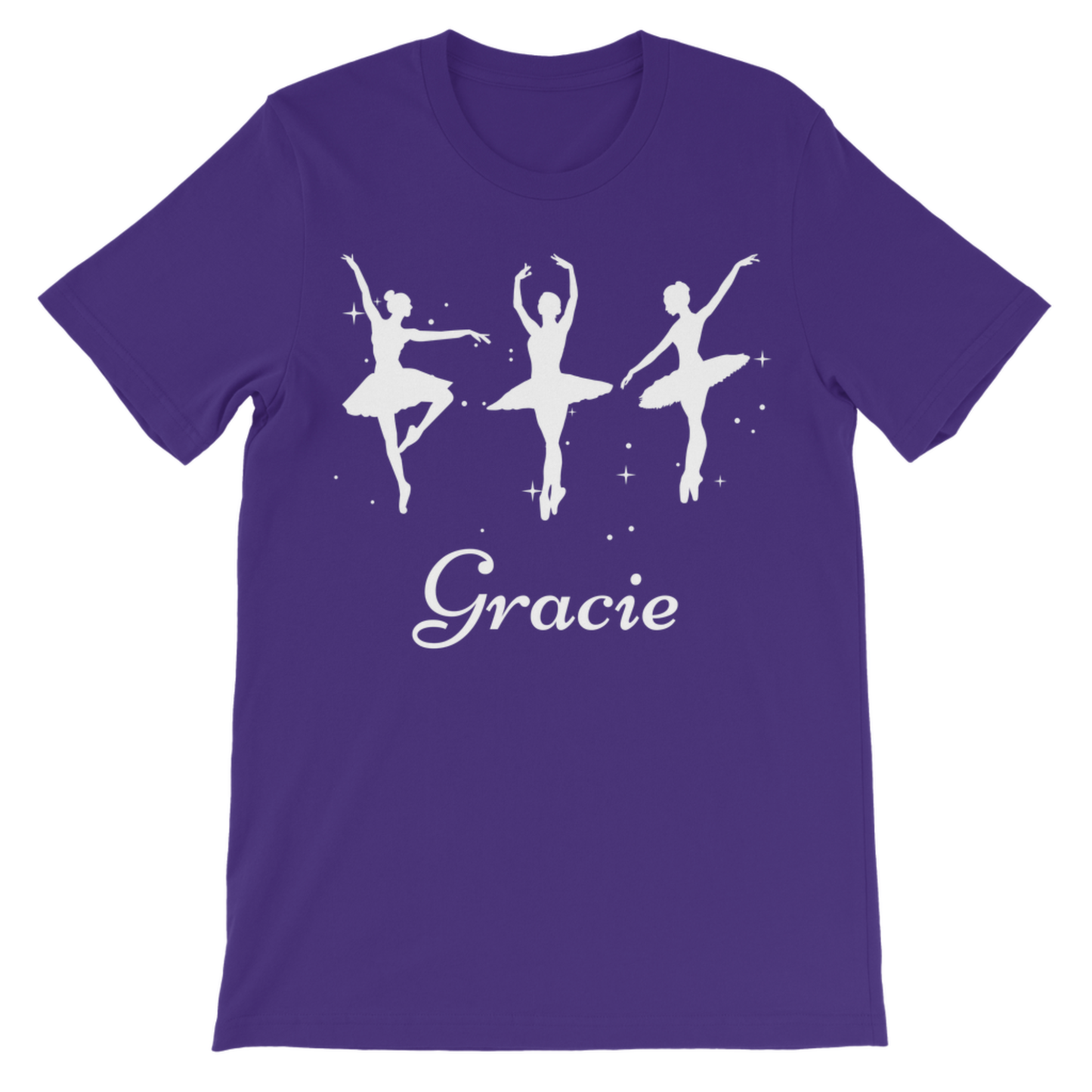 Girls purple t-shirt with white ballerina silhouette graphics and custom name 'Gracie' printed underneath flat lay on a white background
