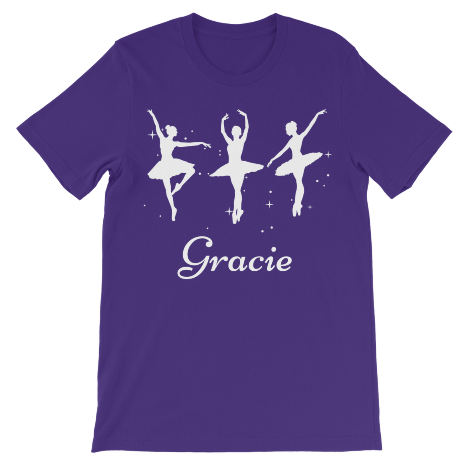 Girls purple t-shirt with white ballerina silhouette graphics and custom name 'Gracie' printed underneath flat lay on a white background