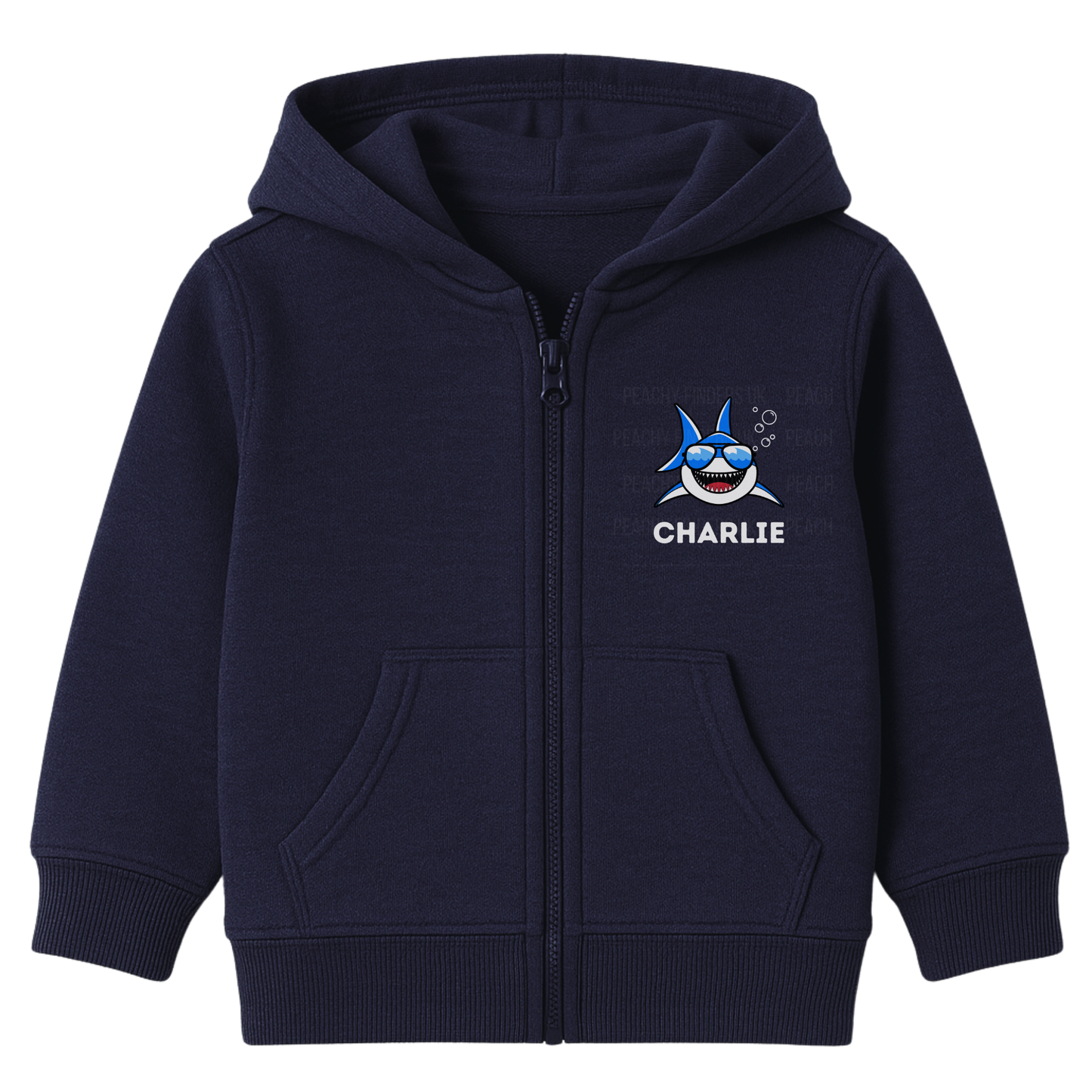 Kids navy zip-up hoodie featuring a small cool cartoon shark wearing sunglasses with personalised name ‘Charlie’ printed on the chest.