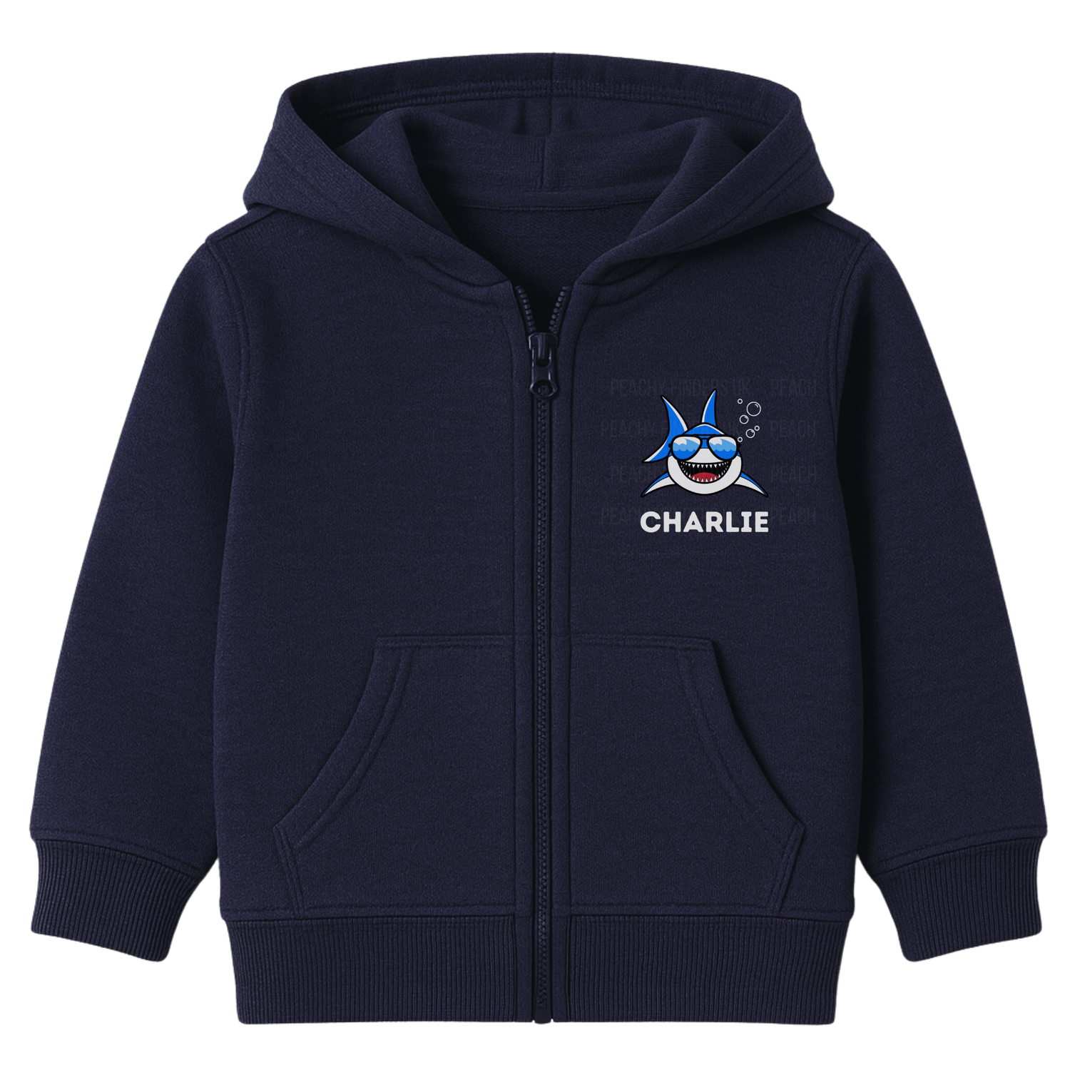 Kids navy zip-up hoodie featuring a small cool cartoon shark wearing sunglasses with personalised name ‘Charlie’ printed on the chest.