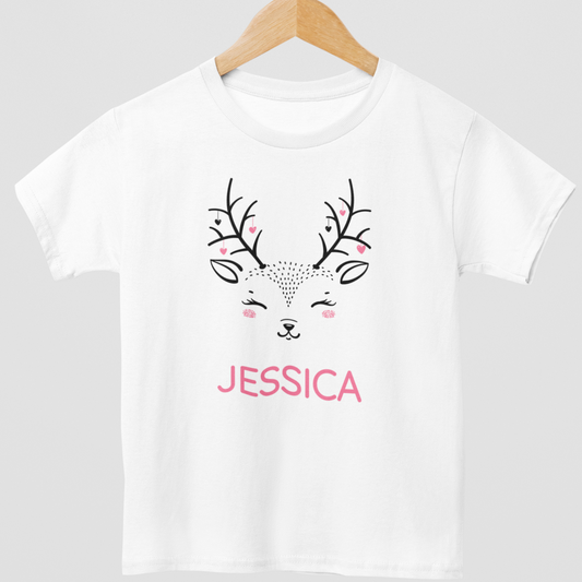 Girls Personalised Cute Reindeer T-shirt | 3 - 13 years