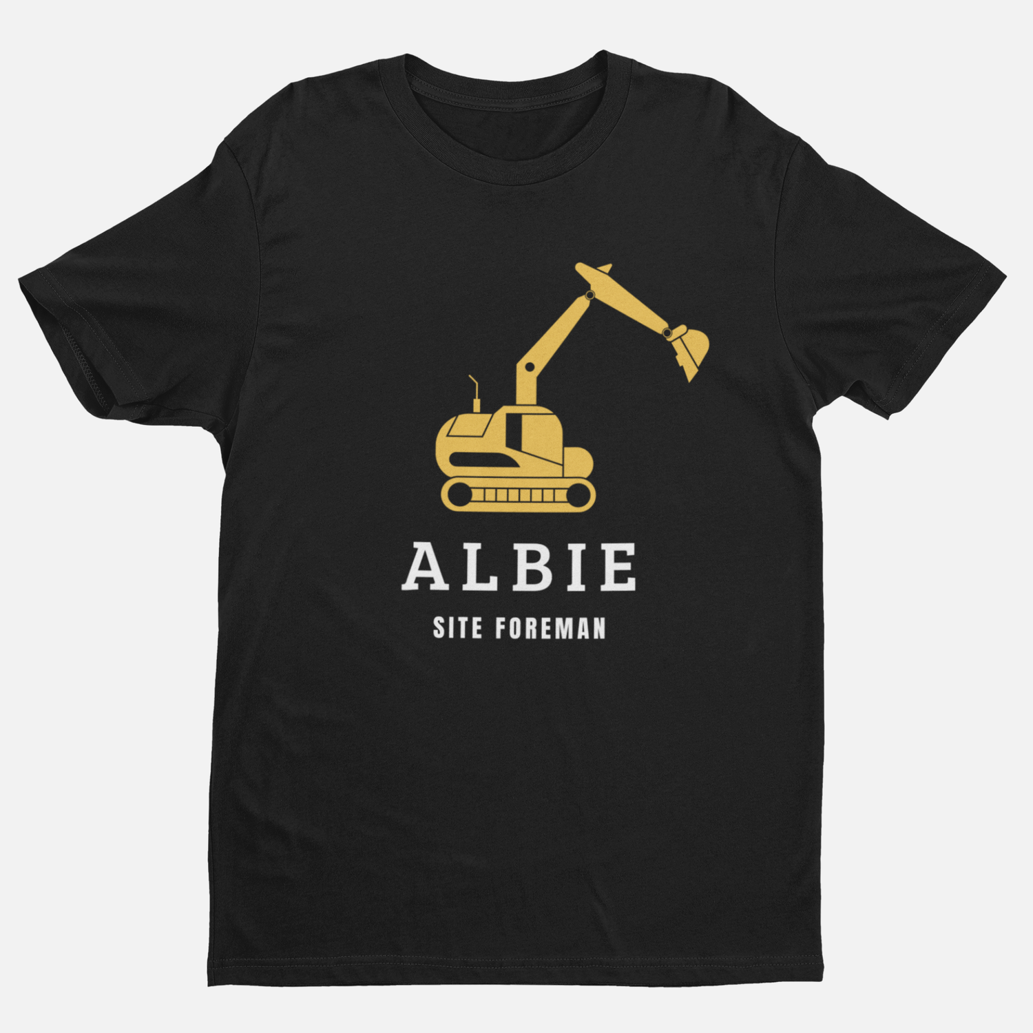 Children's black cotton t-shirt with a yellow digger graphic and personalised name with “Site Foreman” text.