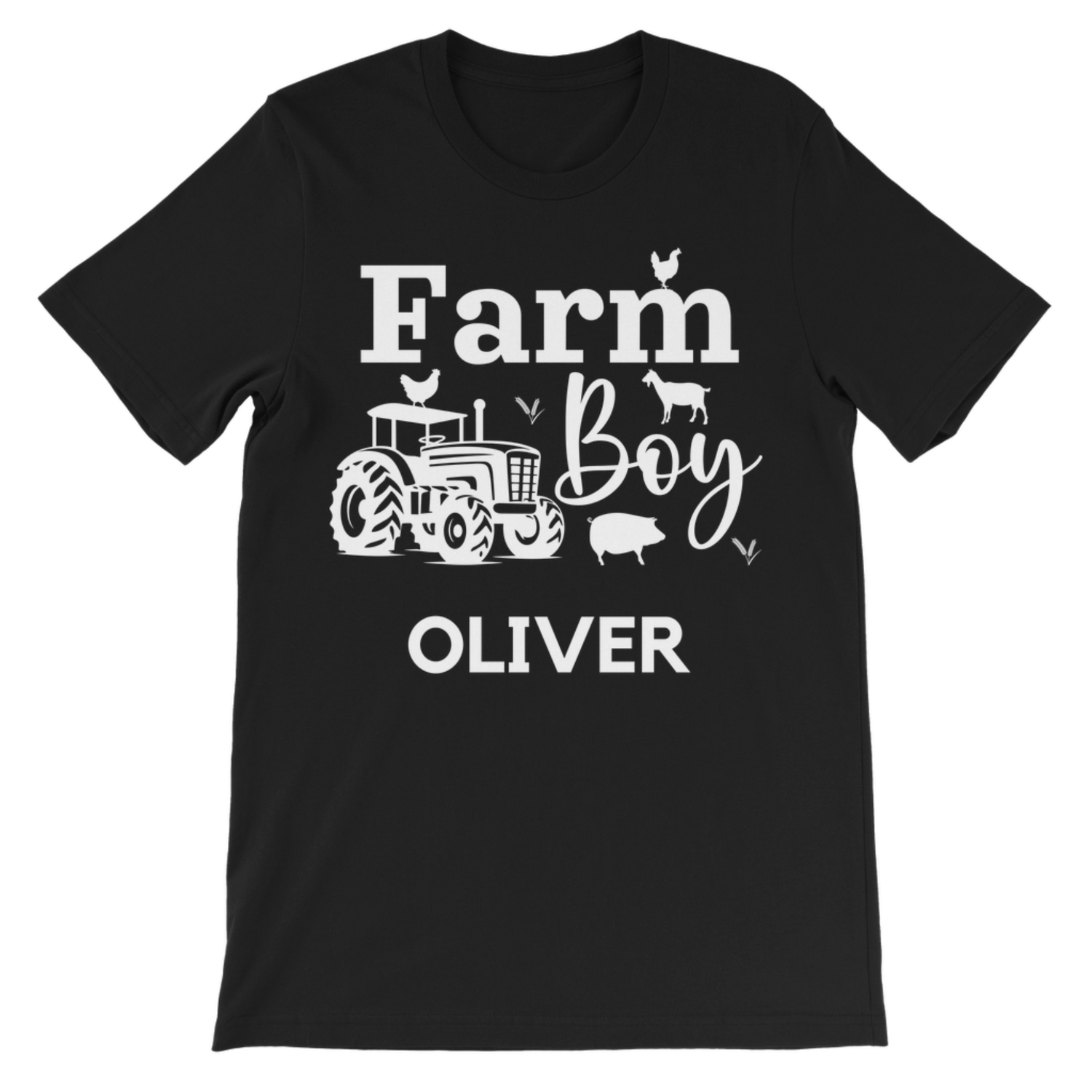 Kids black “Farm Boy” T-shirt with white tractor and farm animals silhouette design, personalised with the name in white text underneath.