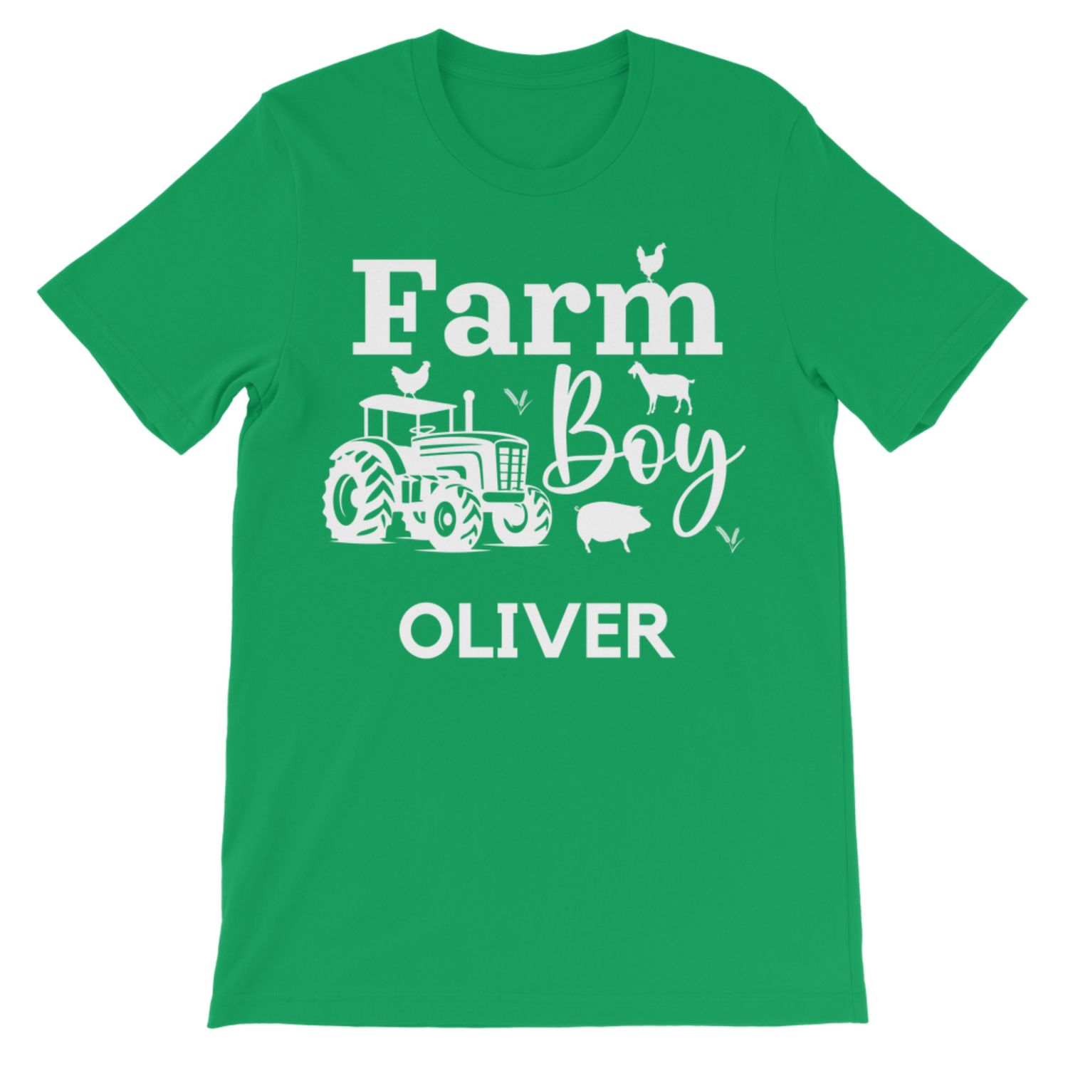 Green t-shirt with 'Farm Boy Oliver' design on a white background