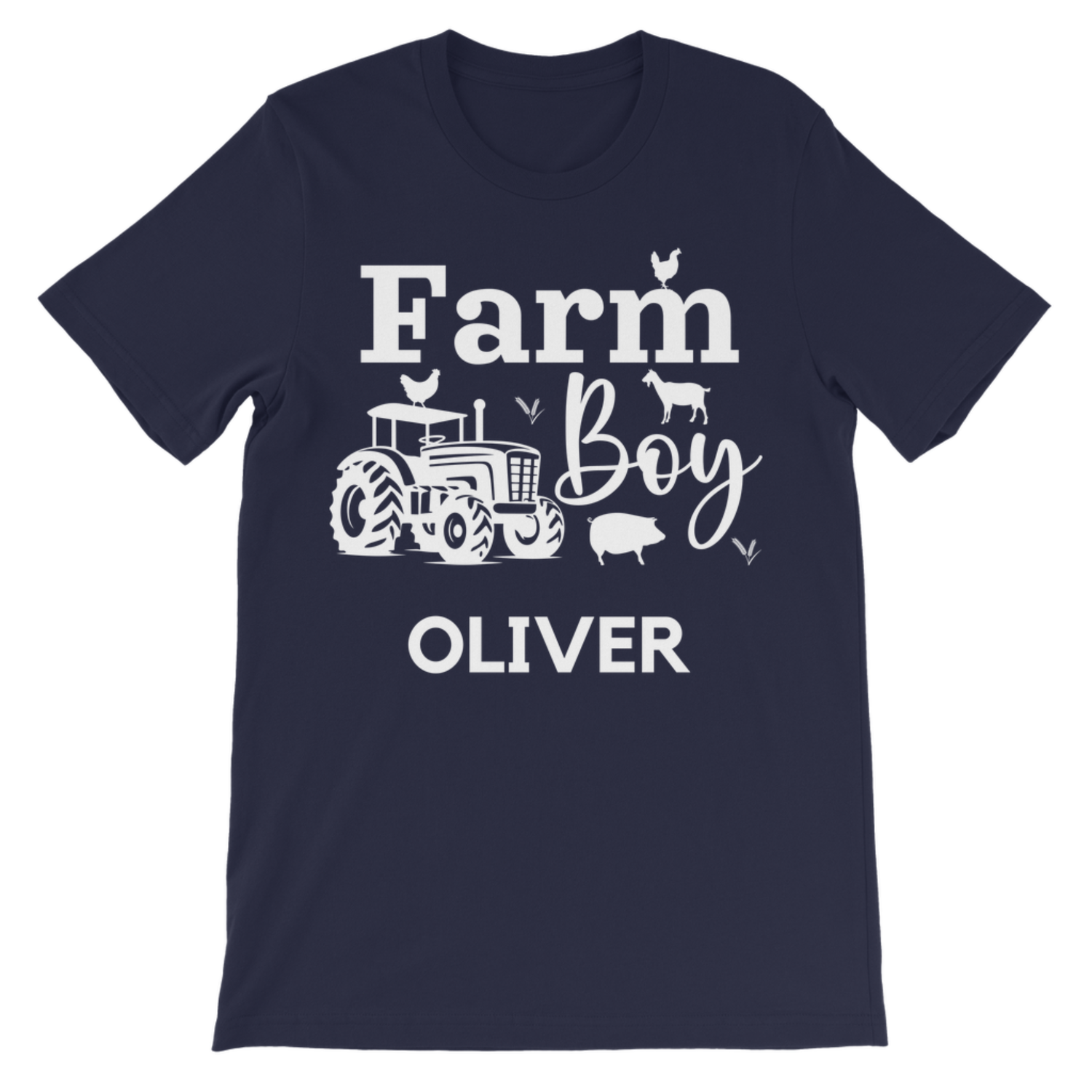 Kids navy “Farm Boy” T-shirt with white tractor and farm animals design, personalised with the name in white text underneath.