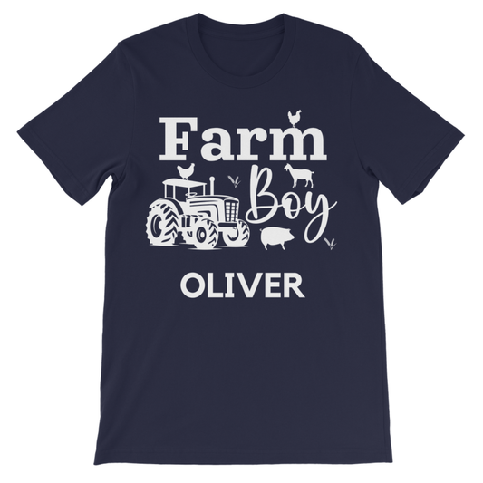 Kids navy “Farm Boy” T-shirt with white tractor and farm animals design, personalised with the name in white text underneath.