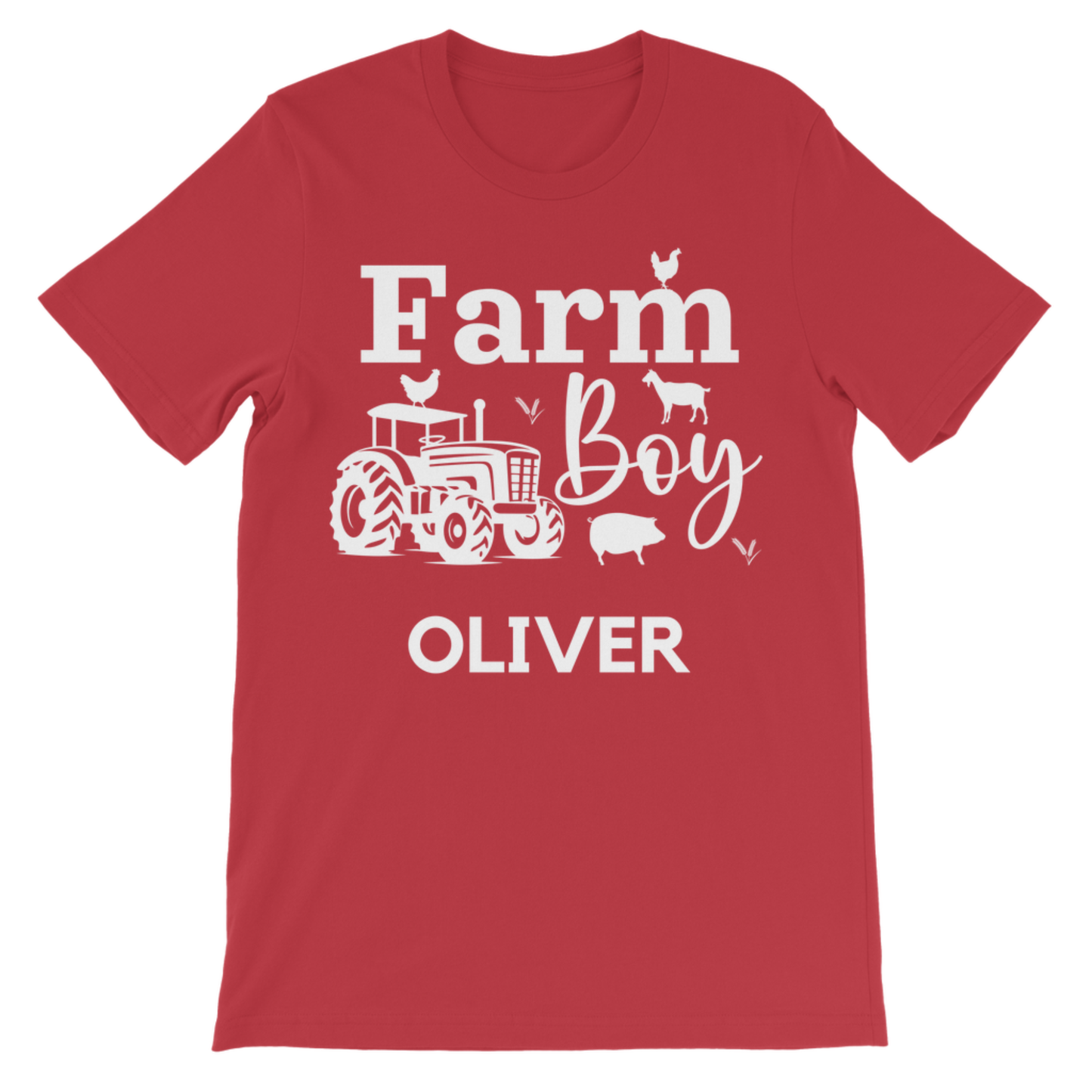 Kids red “Farm Boy” T-shirt with white tractor and farm animals design, personalised with the name in white text underneath.