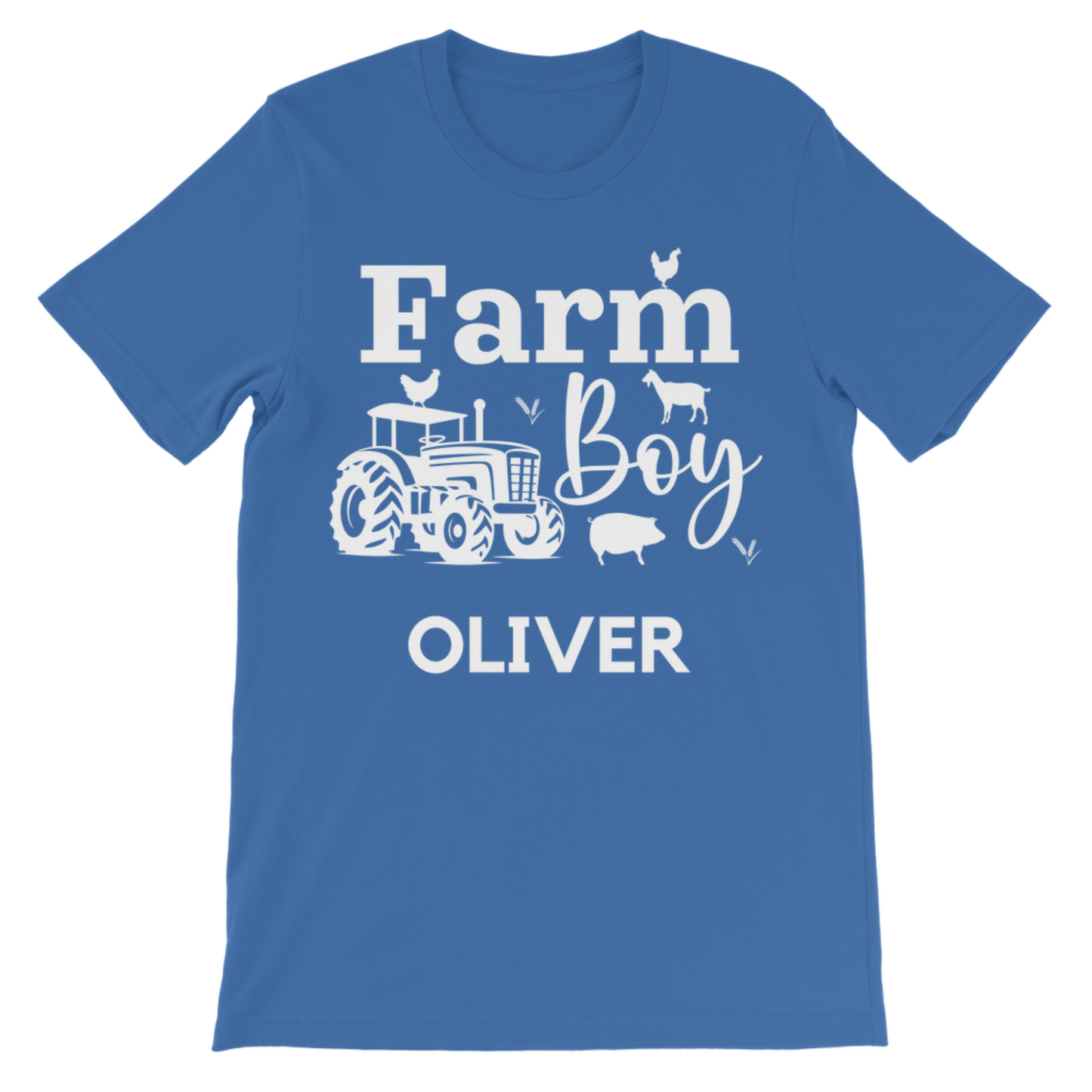Kids royal blue “Farm Boy” T-shirt with white tractor and farm animals design, personalised with the name in white text underneath.
