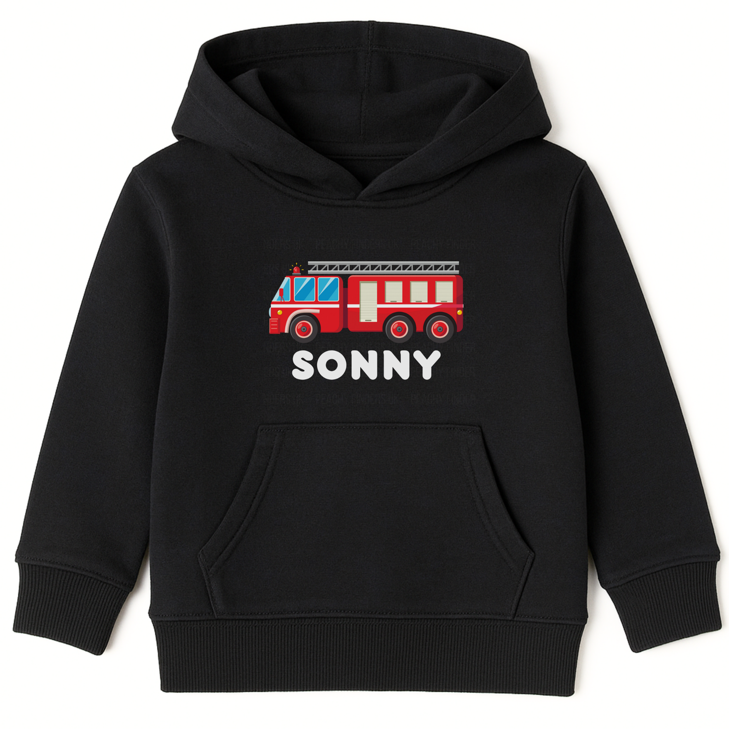 Kids pullover hoodie in black with red fire engine graphic and personalised name Sonny printed on the front.