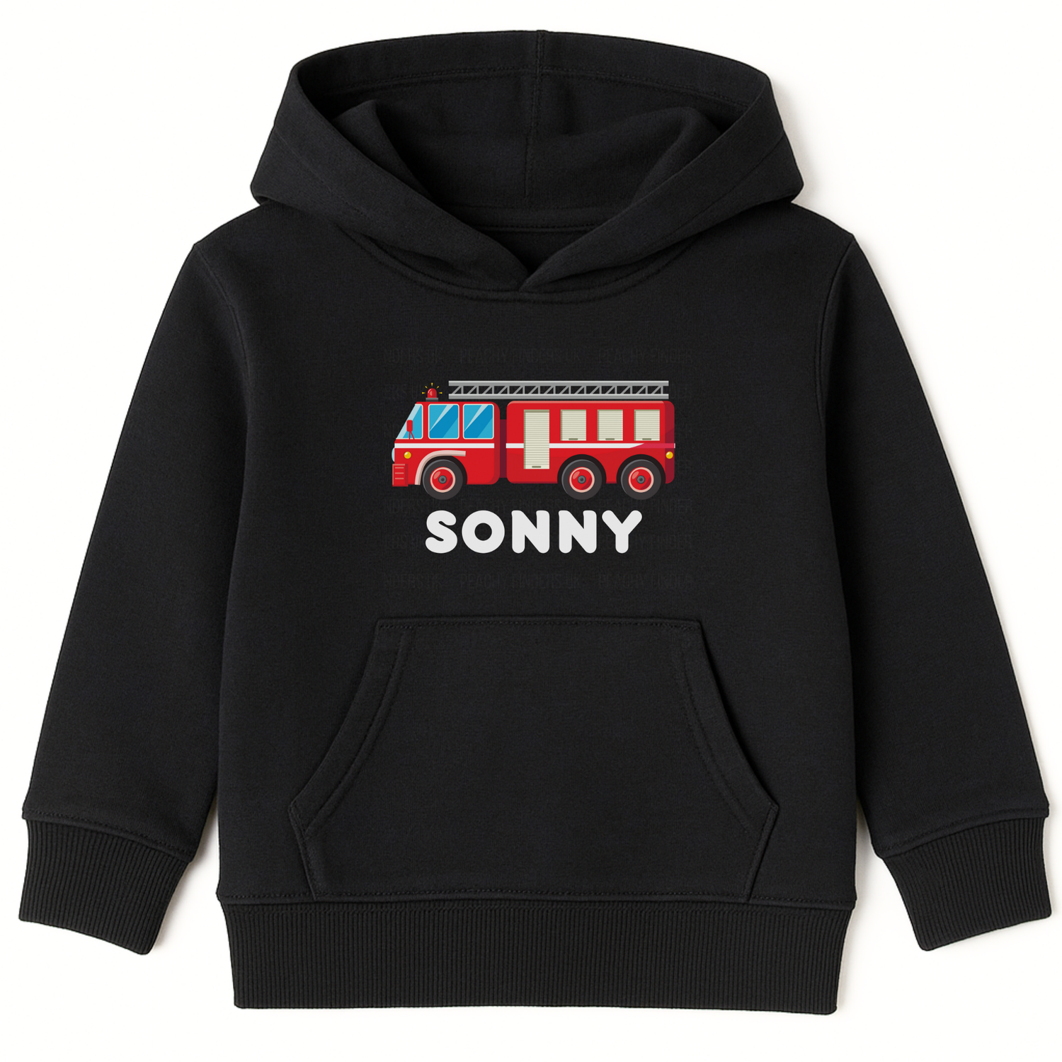Kids pullover hoodie in black with red fire engine graphic and personalised name Sonny printed on the front.