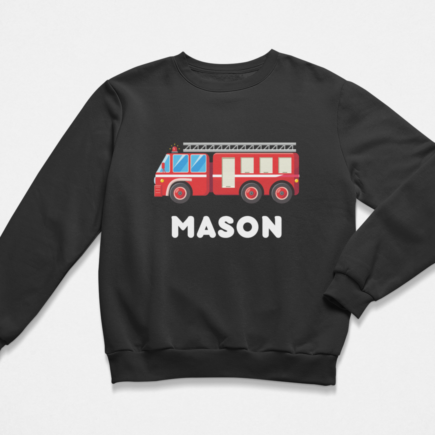 Kids sweatshirt in black with bright red fire engine graphic and personalised name Arthur printed on the front.