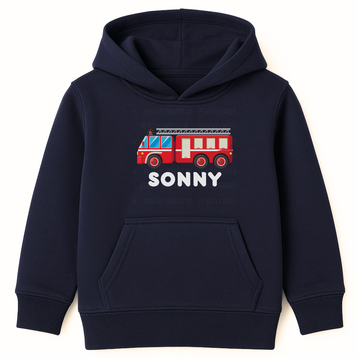 Navy blue kids hoodie with red fire engine graphic and personalised name Sonny printed on the front.