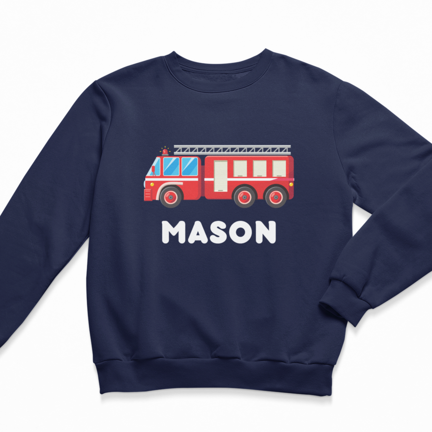 Navy kids sweatshirt with bright red fire engine graphic and personalised name Arthur printed on the front.