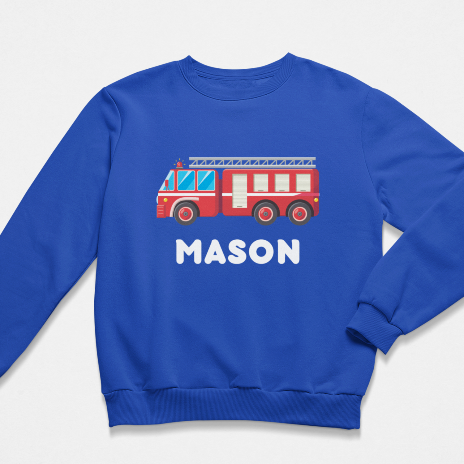 Royal Blue kids sweatshirt with bright red fire engine graphic and personalised name Arthur printed on the front.